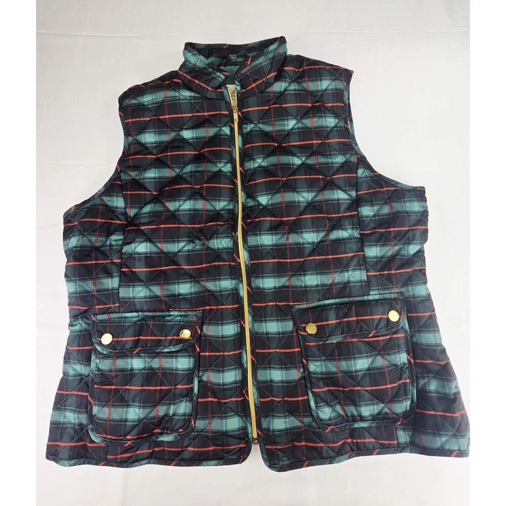 Holiday St. John's Bay Women's Puffer Vest Green Plaid Quilted Zip Pockets Large